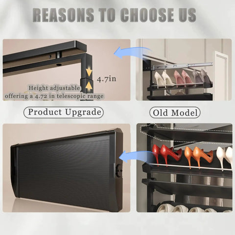 Slick Pull Out Shoe Rack With Heavy Duty Smooth Slide Rails And Adjustable Height Vertical Design showing height adjustment and shoe storage.