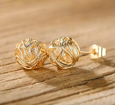 18K Gold Plated Woven Love Knot Stud Earrings For Women, 10mm, Made In Brazil, Dainty Yet Bold Gold Tone Jewelry For Everyday Glam, Hypoallergenic Earring Set close-up