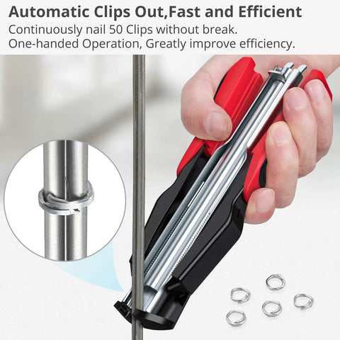 Manual Hog Ring Plier Kit 2500 Galvanized Steel Hog Rings shown in use fastening fence with auto feed gun and rubber grip handles.