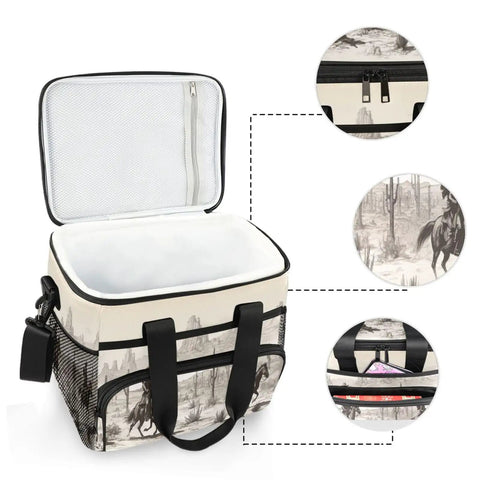 Desert Cowboy Style Go To Insulated Lunch Bag With Shoulder Strap 15L open view showing inside compartment and cowboy print details