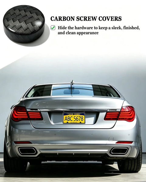 Heavy Duty Stainless Steel License Plate Screws Complete Mounting Kit For Front Rear Car Plates With Sleek Carbon Covers close-up of carbon screw covers on vehicle license plate.