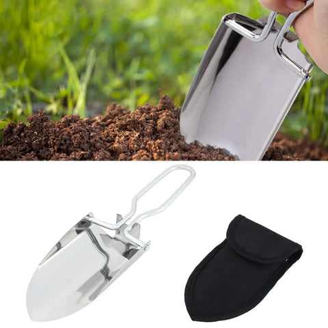 Compact Folding Camping Shovel With Durable Stainless Steel Build For Outdoor Survival Mini Shovel For Hiking and trowel versatile entrenching tool with ergonomic handle and carrying pouch in silver used for digging in soil.