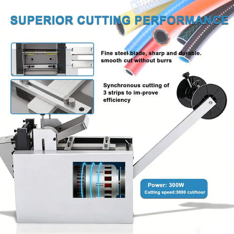 High Speed Automatic Electric Tube Cutter Cuts 3 Hoses Simultaneously Cold Cut Machine for Rubber and Plastic Pipes with LCD Display.