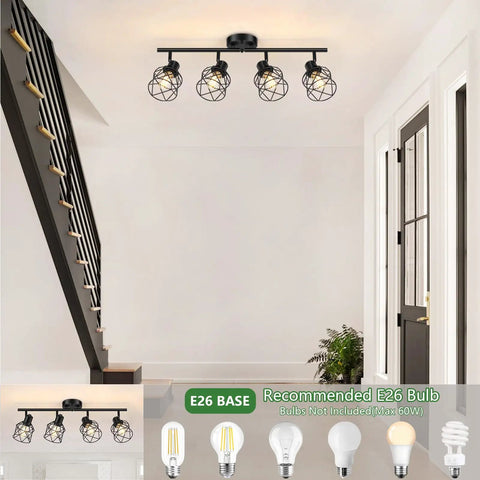 Four Light Semi Flush Mount Ceiling Light With Dope Rotatable Track Heads And Metal Cage Adjustable Arm Design in hallway.