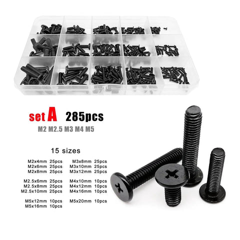M2 To M5 Black Plated 304 Stainless Steel Cross Ultra Thin Flat Wafer Head Screws And Bolts Kit Set A with 285 pieces