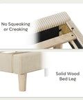 Ultimate Cozy Queen Size Bed Frame Crafted From Plush Beige Corduroy Upholstery With Hidden Storage Headboard Ambient Led Strip Lights showing solid wood bed leg and construction details.