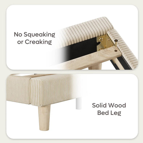 Ultimate Cozy Queen Size Bed Frame Crafted From Plush Beige Corduroy Upholstery With Hidden Storage Headboard Ambient Led Strip Lights showing solid wood bed leg and construction details.