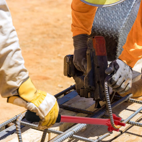 Heavy Duty Manual Rebar Bender For 5/8 Inch Bars, Portable Steel Rod Bending Machine in use on a construction site with workers.