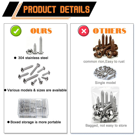 304 Stainless Steel Wood And Sheet Metal Screws Set, 280 Pcs Pan Head Phillips Self Tapping Screws In Sizes Six And Eight, Lengths One Half Inch To One Inch, Marine Grade Corrosion Resistant For Wood Metal And Gypsum, boxed set display