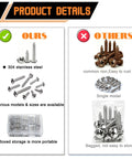 Product details comparing Heavy Duty 304 Stainless Steel Screw Assortment Kit Featuring Phillips Pan Head Fasteners For Wood And Sheet Metal Jobs In Badass Marine Grade Quality.