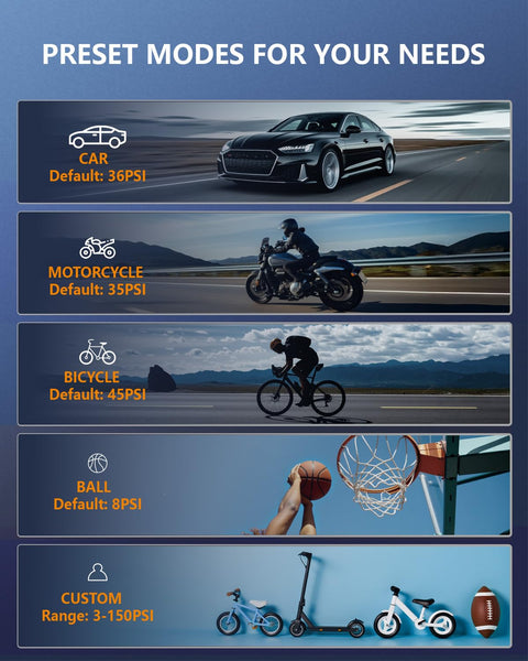 Preset modes display for Portable Tire Inflator Air Pump With 150 PSI Rechargeable Cordless Power Digital Pressure Gauge LED Light Auto Shut Off Fast Inflation For Cars Motorcycles Bikes And Balls On The Go showing settings for car, motorcycle, bicycle, ball, and custom