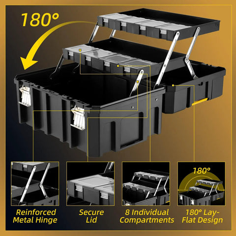 Rolling Tool Box With Wheels, 4-In-1 Modular Organizer System with open compartments, reinforced hinges, and secure lid design.