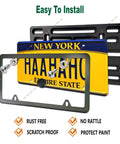 Front License Plate Mounting Kit No Drill Easy Install Plastic Front Plate Adapter With Black Aluminum Frame Car Tag Holder Cover Universal US Vehicle Trailer Truck Mount Screws Caps Included shown in parts with license plate.