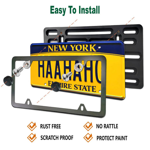 Front License Plate Mounting Kit No Drill Easy Install Plastic Front Plate Adapter With Black Aluminum Frame Car Tag Holder Cover Universal US Vehicle Trailer Truck Mount Screws Caps Included shown in parts with license plate.