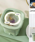 Totally Clutch Portable Foldable Washing Machine For Dorm Rooms And Tiny Spaces Super Handy Mini Laundry Spinner For Socks Underwear And Baby Clothes In Green viewed from above showing water and controls.