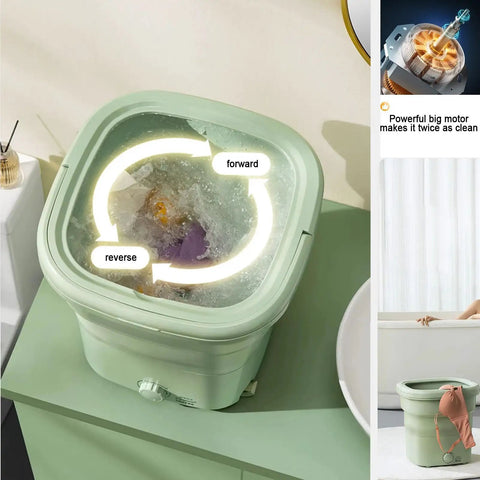 Totally Clutch Portable Foldable Washing Machine For Dorm Rooms And Tiny Spaces Super Handy Mini Laundry Spinner For Socks Underwear And Baby Clothes In Green viewed from above showing water and controls.