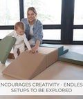 Toddler Tested Indoor Play Arena Featuring Super Soft Foam Climb Blocks Reconfigurable Crawl Tunnel Triangles And Steps Rock Solid Setup For Growing Little Legends with a child and adult playing on soft foam shapes.