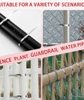 Heavy Duty Zip Tie Gun Kit With 300 Stainless Steel Zip Ties in use for fence, plant, guardrail, and water pipe fixing.