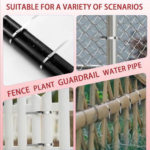 Heavy Duty Zip Tie Gun Kit With 300 Stainless Steel Zip Ties in use for fence, plant, guardrail, and water pipe fixing.