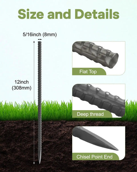 Heavy Duty 12 Inch Rebar Stakes 20 Pack Durable Metal Garden Stakes With Chisel Point End 5/16 Inch Diameter diagram