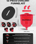 12-piece Premium Coolant Funnel Kit With Integrated Vacuum Bleed Tank for smooth radiator fluid top off and trap free air purge.