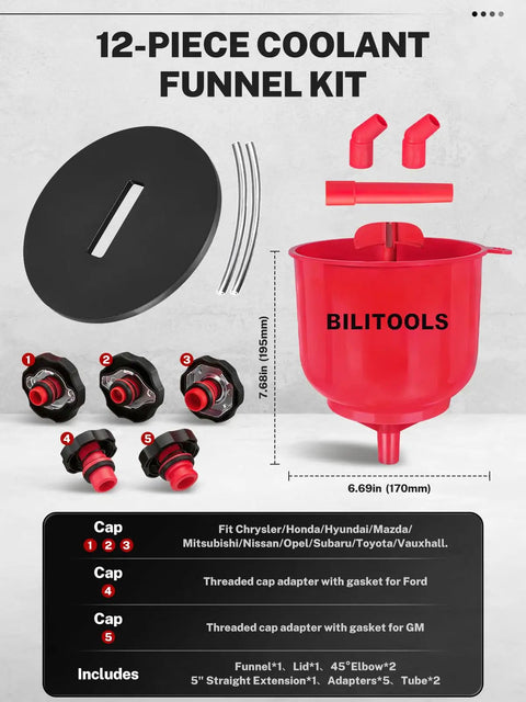 12-piece Premium Coolant Funnel Kit With Integrated Vacuum Bleed Tank for smooth radiator fluid top off and trap free air purge.