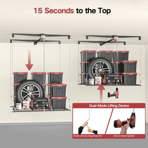 Heavy Duty Overhead Garage Storage Rack For 10 To 12 Ft Ceilings With A Slick Drop Down Release And Rock Solid Safety Locks 4X4 Foot Ceiling Loft Organizer 250 Lb Capacity Max Out Your Space