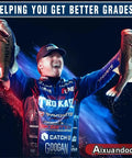 Angler holding two large bass fish with a colorful backdrop, promoting a non puncture bass fishing cull tags set for tournaments.