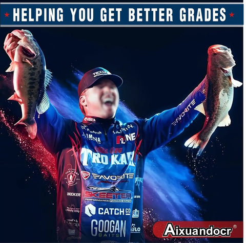 Angler holding two large bass fish with a colorful backdrop, promoting a non puncture bass fishing cull tags set for tournaments.
