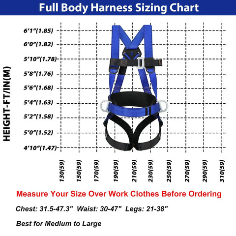 Fall Protection Safety Harness Kit For Roofing, Full Body Harness sizing chart for medium to large builders