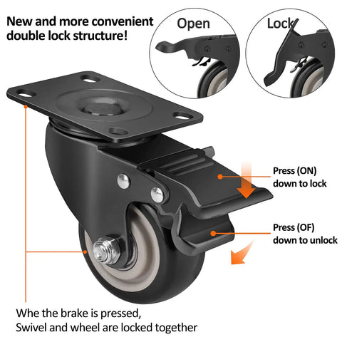 Built Tough As Nails Heavy Duty 3 Inch Polyurethane Swivel Caster Wheels With Safety Brakes Set Of 4 showing double lock mechanism.