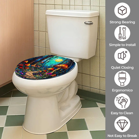 Toilet Seat Round Resin Bathroom with colorful stained glass design on a white toilet, fits standard sizes.