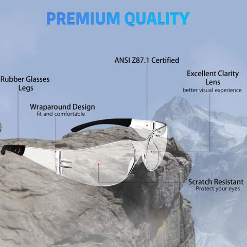 Top Shelf Tinted Safety Glasses Bulk Pack Includes 50 Pieces For Men And Women With Ansi Z87.1 Certification, clear lenses, wraparound design.