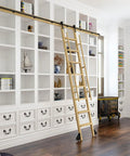 Easy Glide Library Ladder Track Kit 3.3 to 26.2 Ft Black Carbon Steel Rolling Hardware System installed on bookshelves, ladder not included