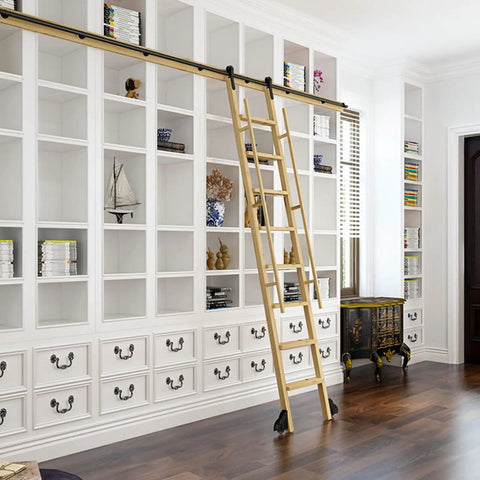 Sliding Library Ladder Track Kit With Black Carbon Steel Hardware For Home Loft And Garage, Heavy Duty Rolling System, Installed in Library