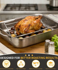 Stainless Steel Roasting Rack For 9x13 Inch Pan With V Shaped Design Adjustable Turkey Rack Keeps Food Elevated For Better Airflow No Fuss Cleanup Easy To Clean Durable Roast Rack Great For Turkey And Chicken, showing roast chicken on rack in pan.