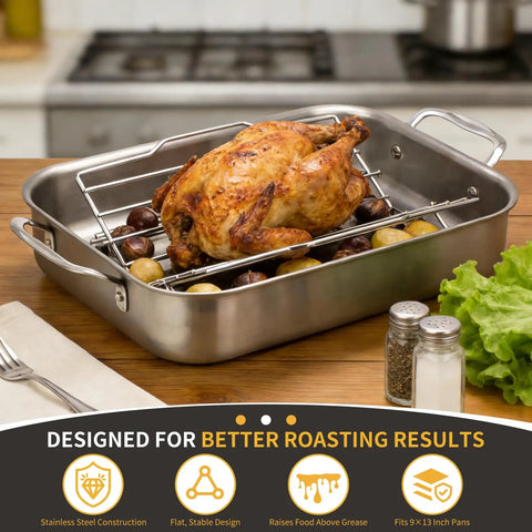 Stainless Steel Roasting Rack For 9x13 Inch Pan With V Shaped Design Adjustable Turkey Rack Keeps Food Elevated For Better Airflow No Fuss Cleanup Easy To Clean Durable Roast Rack Great For Turkey And Chicken, showing roast chicken on rack in pan.