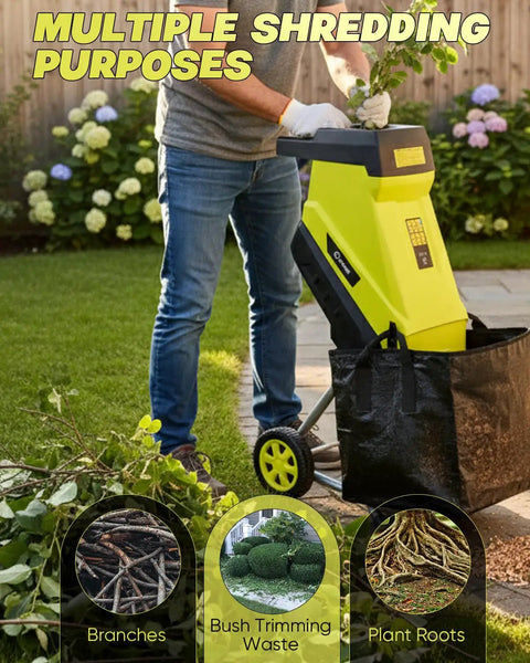Person using Corded Electric Wood Chipper Shredder With 15 Amp Motor And 1.75 Inch Cutting Capacity Includes Collection Bag