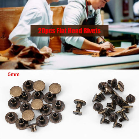 Premium Flat Head Brass Rivets And Copper Hardware Screws 20 Piece 5Mm Set for leather crafting, showing 5mm rivets and screws.