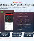 Smart BMS Monitor For 12V Lithium Cells Packed With 100 Amp Rating And Native Wifi Bluetooth Sync showing app interface with battery parameters.
