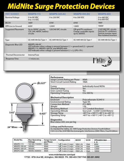 Diagram of MNSPD 300-DC Surge Protection Device specs and features, including dimensions and technical details for outdoor use.