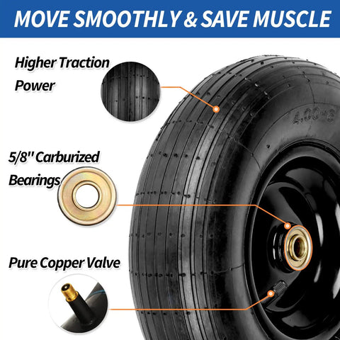 4.00-6 Wheelbarrow Tire And Wheel With Pneumatic Tire, Five Eighth Inch And Three Quarter Inch Bearings, 1.75 Inch Centered Hub