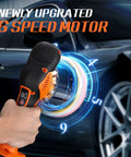 Cordless Car Buffer Polisher Kit with 6 speed motor, focusing on cordless design and LED display in action