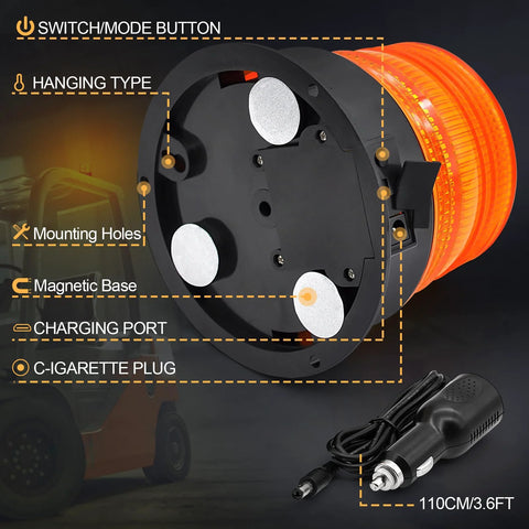 Magnetic cordless amber beacon light, rear view showing magnetic base, charging port and mounting holes
