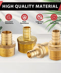 Four brass fittings displayed on a surface, labeled with qualities like corrosion resistance and lead-free brass.