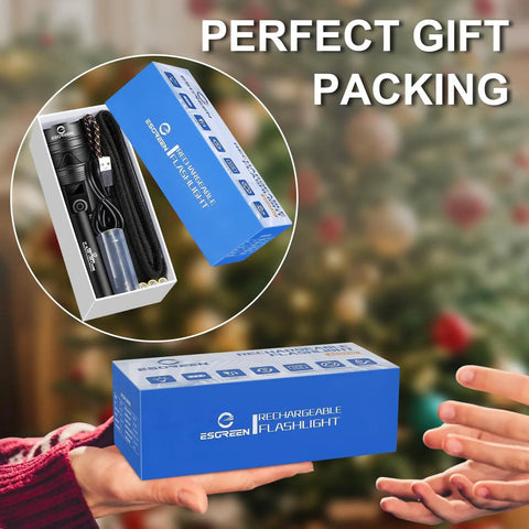 "Rechargeable High Lumen Flashlight With 100000 Lumens Hella Bright Long Range Beam Up To 5000 Ft USB C Fast Charge Ultra Bright LED Power Torch Heavy Duty Multifunction Light For Emergency Home Camping And Outdoor Adventures" gift packaging with blue box.