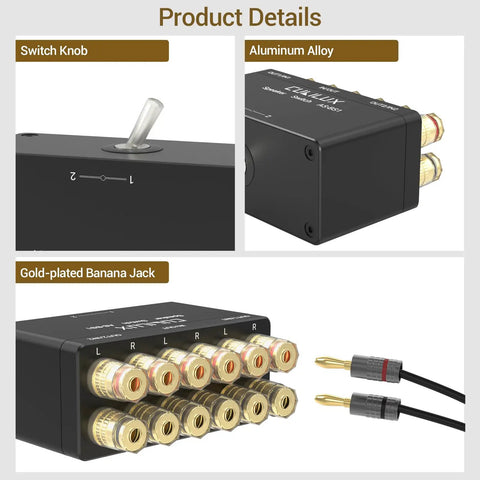 2-Way Speaker Selector Switch Box For A B Amplifier Setup With Banana Plugs, metal construction, switch knob close-up