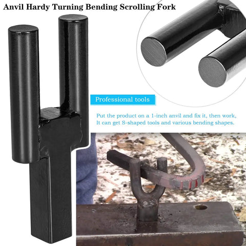 1 Inch Anvil Hardy Tool Set For Metalworking With Creasing Tool Stake Bottom Fuller Hot Cut Tool Turning Bending Scrolling Fork Four Piece Durable Steel Kit in use on anvil