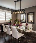 Dining room with Farmhouse Style 6 Light Black Metal Industrial Pendant Lighting For Dining Room And Kitchen Island Vintage Rectangular Linear Chandelier With Rustic Charm And Pure Cool Modern Vibe hanging over table