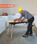 Man using All In One Portable Workstation With Power Outlet And Adjustable 20.5 To 31.5 Inch Folding Workbench Table Sawhorse